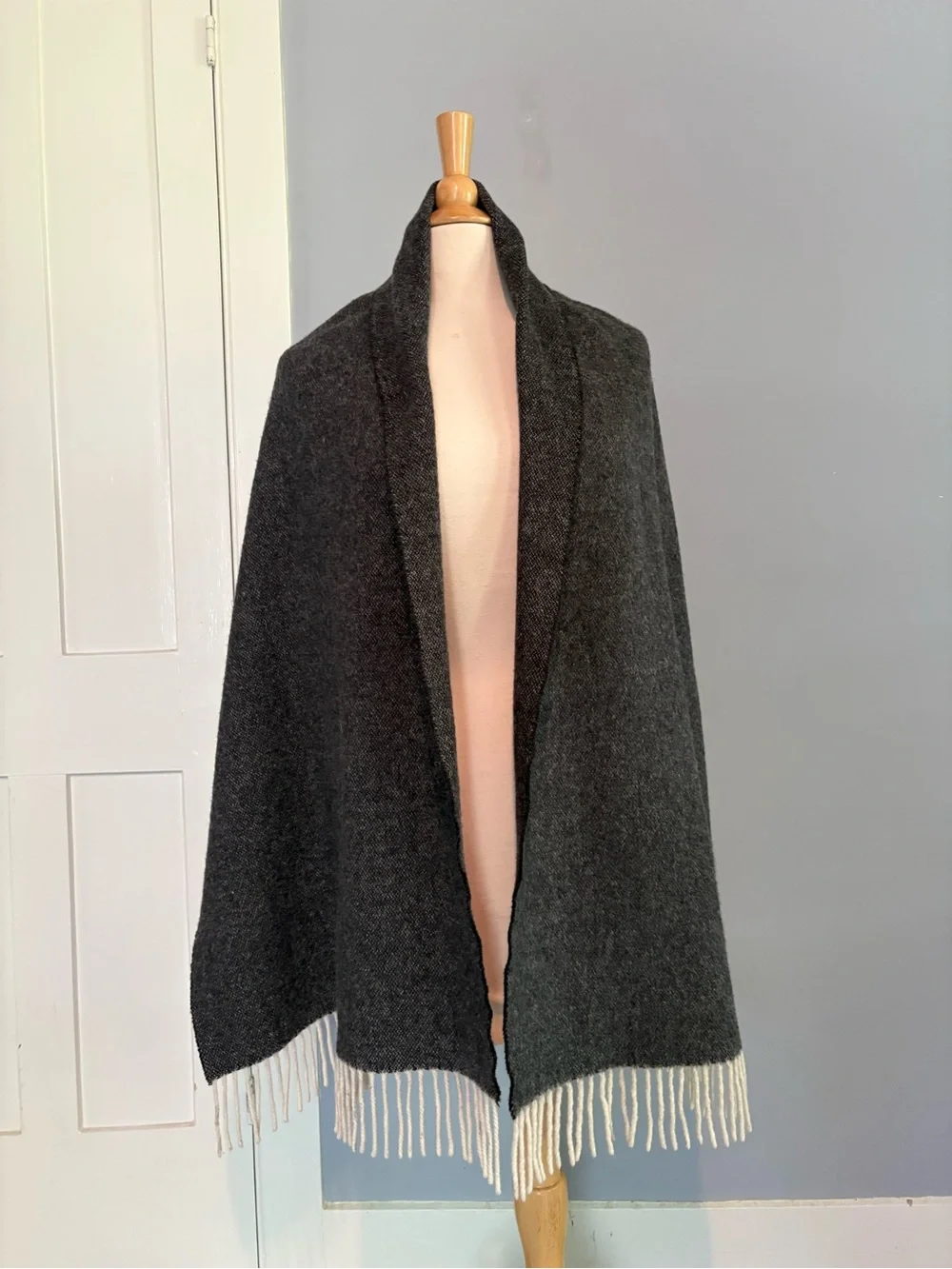 Rodebjer 100% Wool Charcoal Gray Scarf with White Fringe
